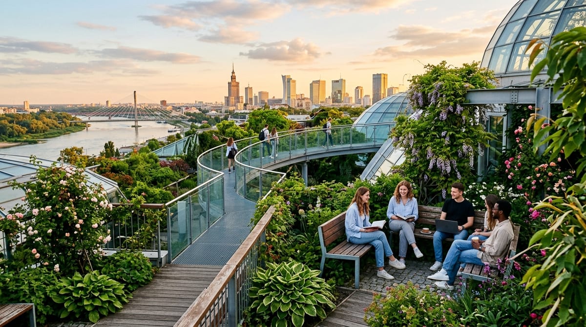 Green rooftop botanical garden with metal observation footbridges, lush plants and views of Warsaw city skyline and river