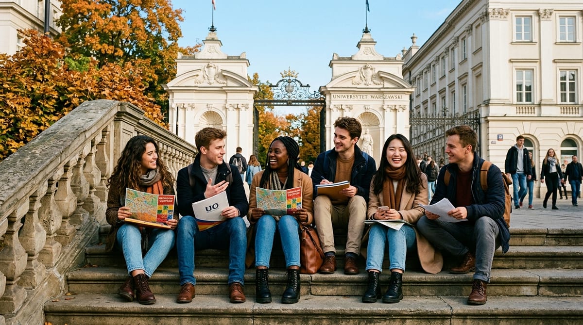 International Erasmus students chatting on stone steps at University of Warsaw Main Gate on Krakowskie Przedmieście