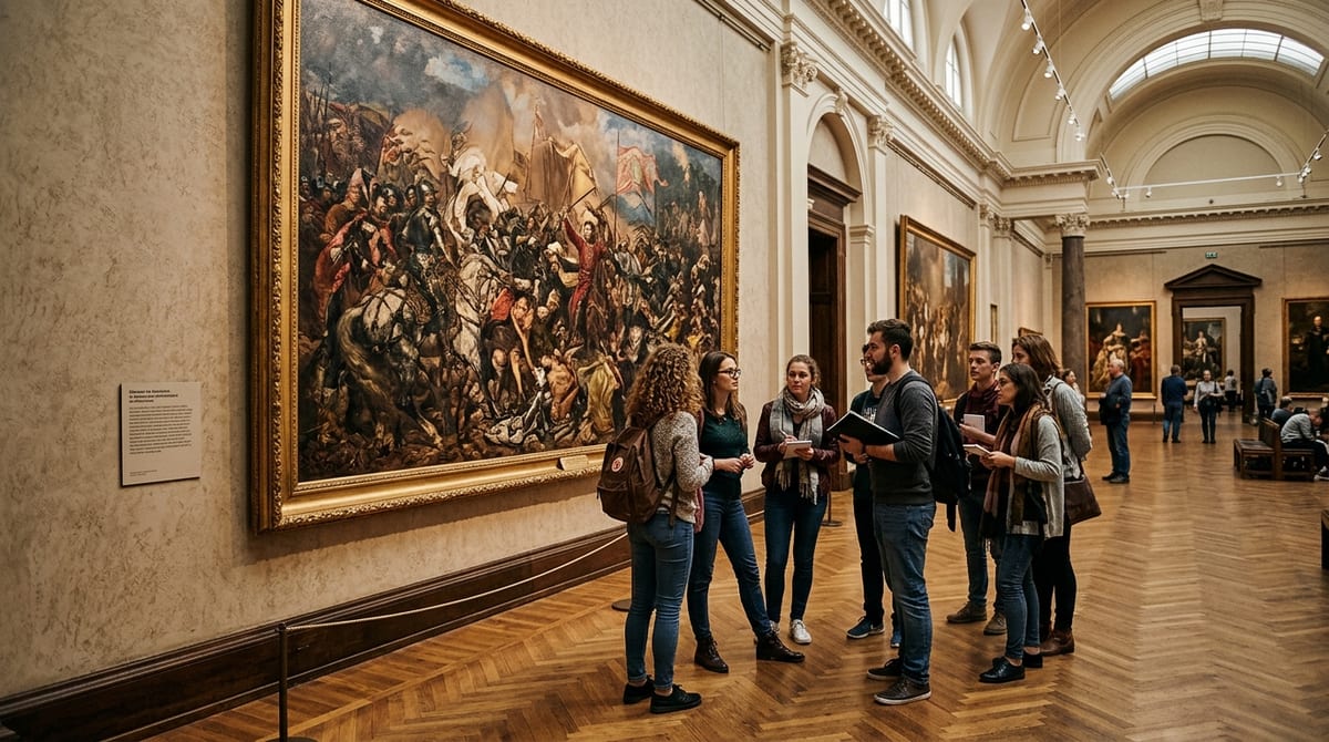 Group of young university students examining historic oil paintings in grand royal palace museum gallery in Warsaw