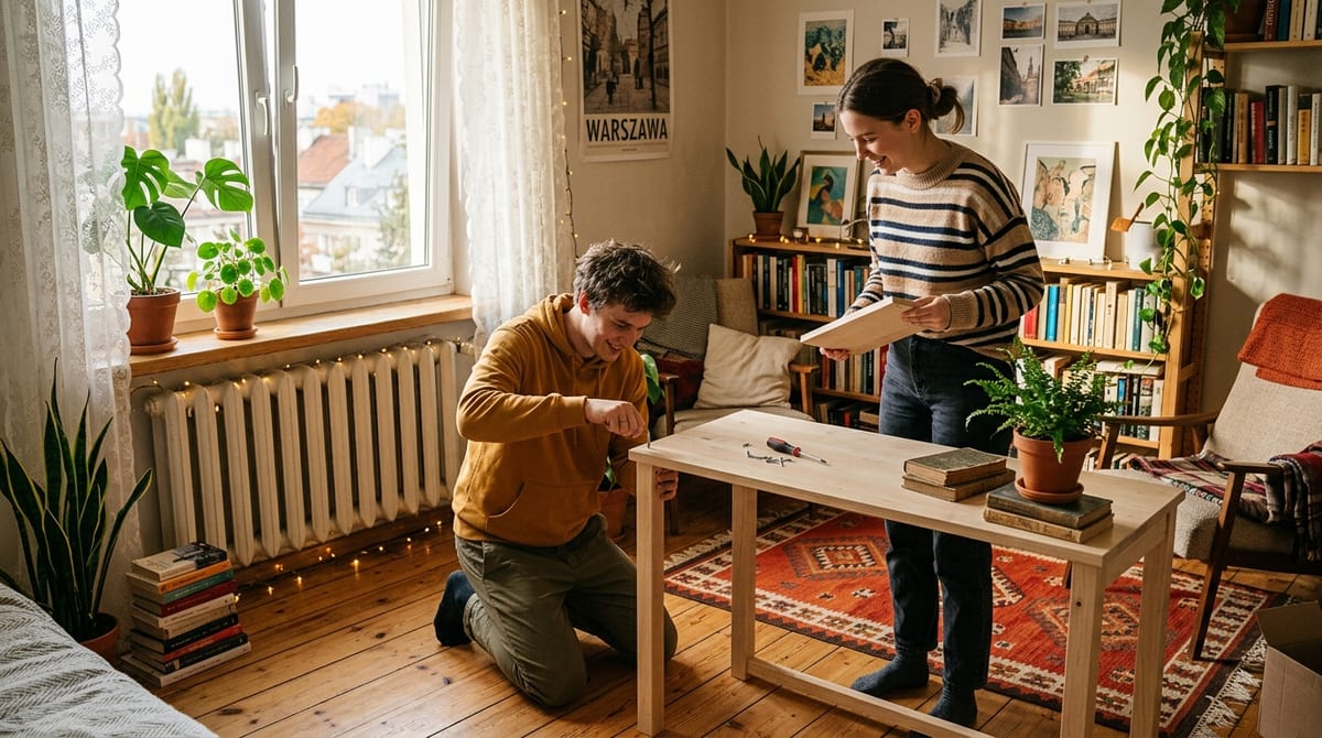 Cozy study corner with wooden vintage desk, warm task lamp, potted plant and textbooks in Warsaw apartment
