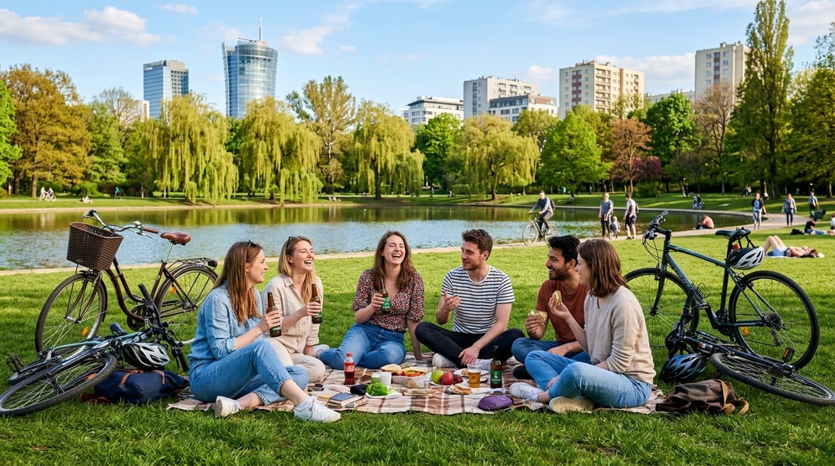 Lush green public park with modern wooden boardwalks, natural ponds and students sitting on grass on sunny day in Warsaw