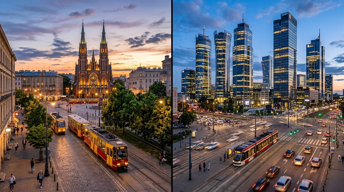 Split composition showing leafy quiet residential street in Ochota on one side and gleaming modern skyscraper towers of Wola on the other in Warsaw