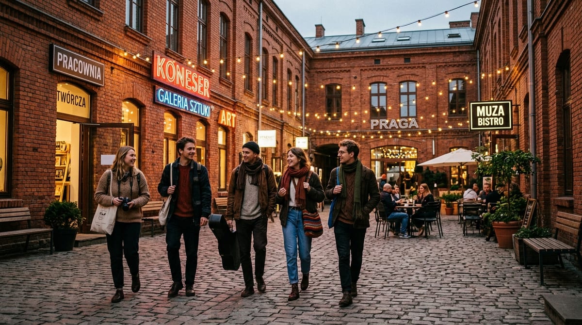 Historic red-brick industrial factory buildings transformed into modern pedestrian cultural plaza with students in Warsaw