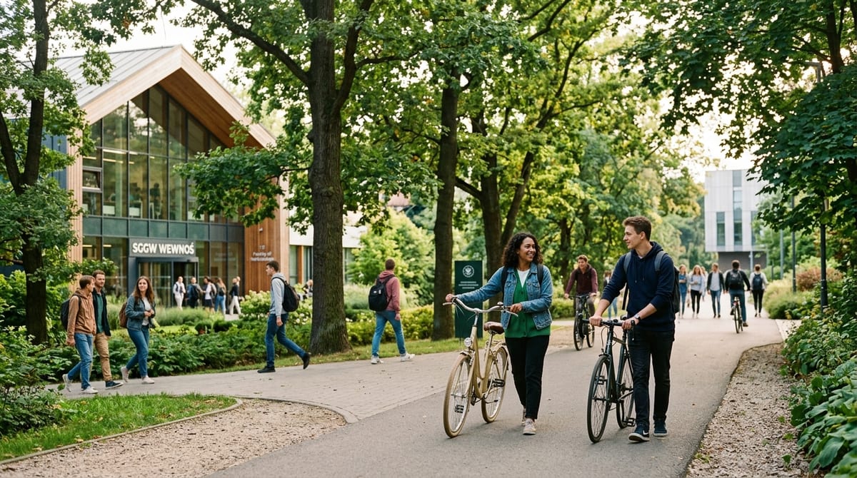 Lush green university campus quad with modern academic buildings, tall trees, and students walking along paved pathways in Warsaw Ursynów