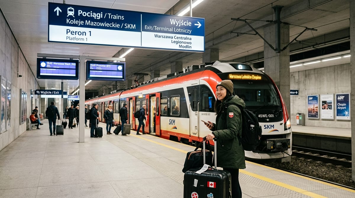 Red and silver SKM airport train stopped at modern illuminated underground railway platform at Warsaw Airport