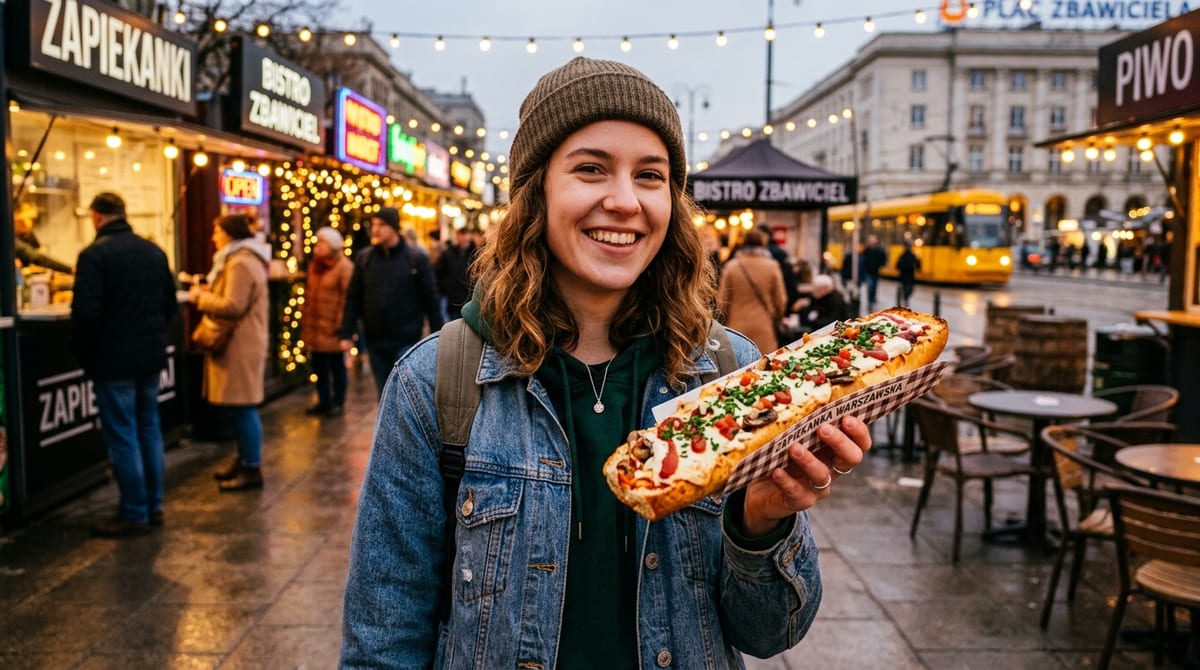 Long toasted Polish baguette sandwich topped with melted golden cheese, sauteed mushrooms, fresh chopped chives and zig-zag ketchup stripe