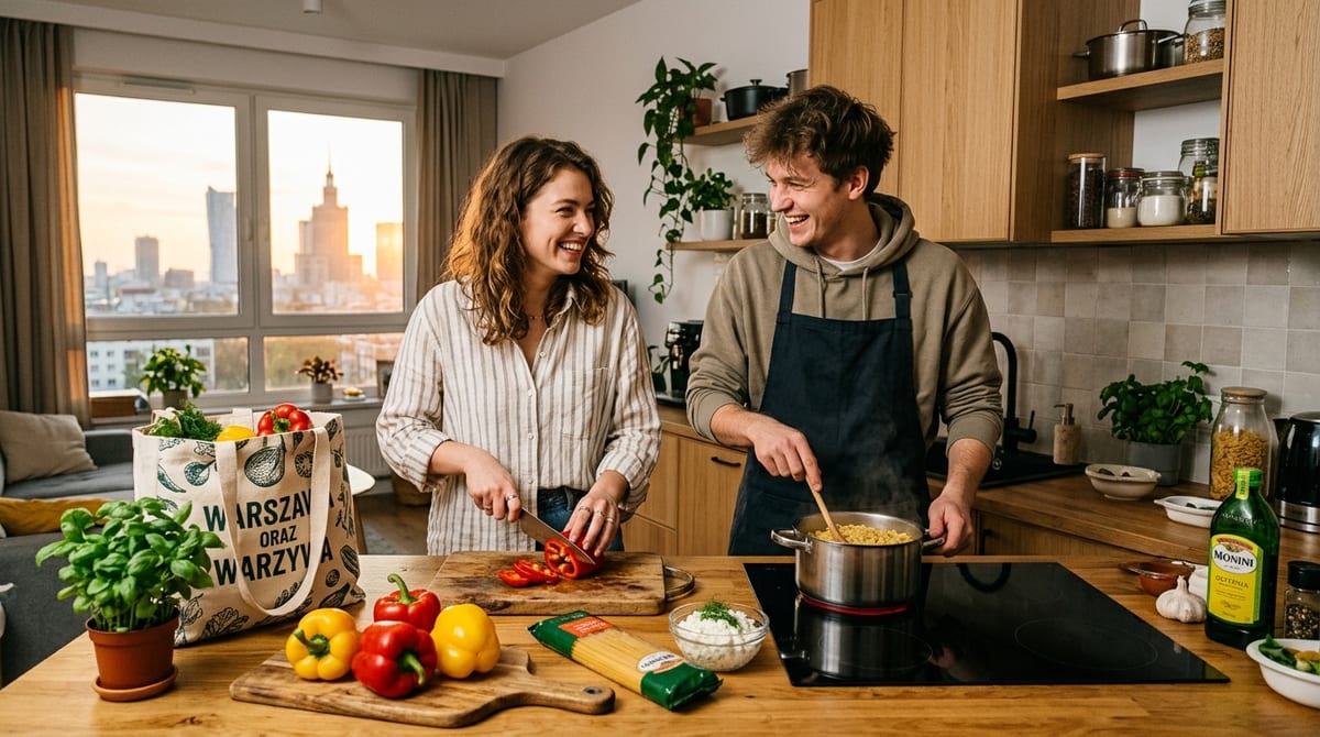 Two students happily preparing dinner with fresh produce and pasta in their Warsaw flat kitchen