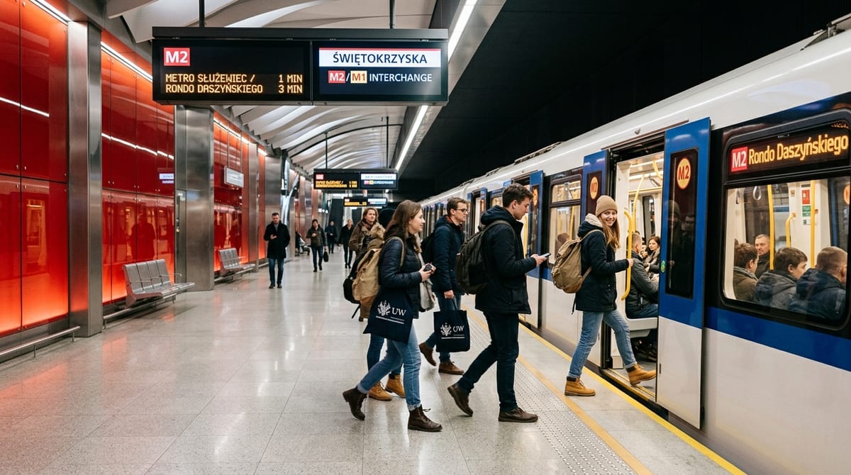 Warsaw metro train M2 Inspiro at modern illuminated underground platform with passengers