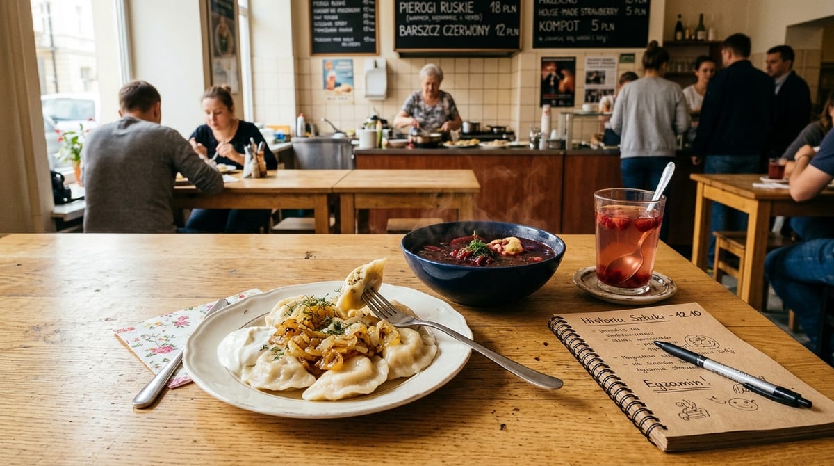 Steaming plate of fresh pierogi ruskie with caramelized onions and red barszcz in an authentic Warsaw Bar Mleczny