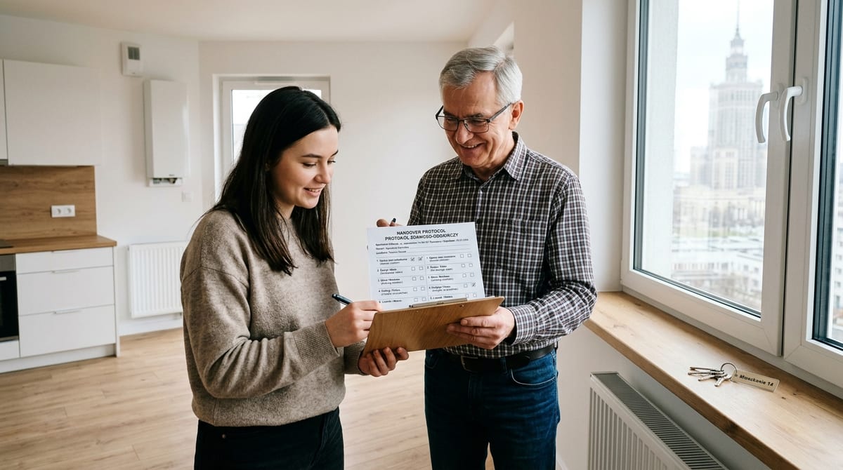 Student holding pen and apartment inspection checklist with keys on wooden table in Warsaw flat