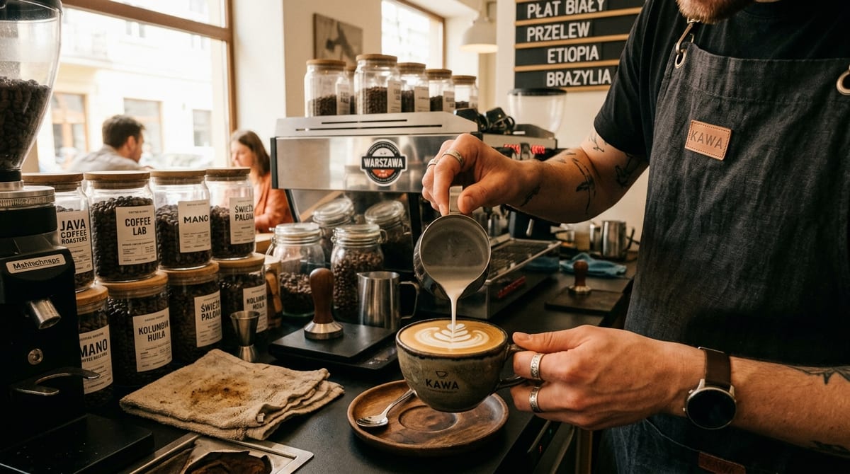 Barista pouring hot kettle water over ground coffee in a ceramic V60 dripper on a wooden counter in Warsaw cafe