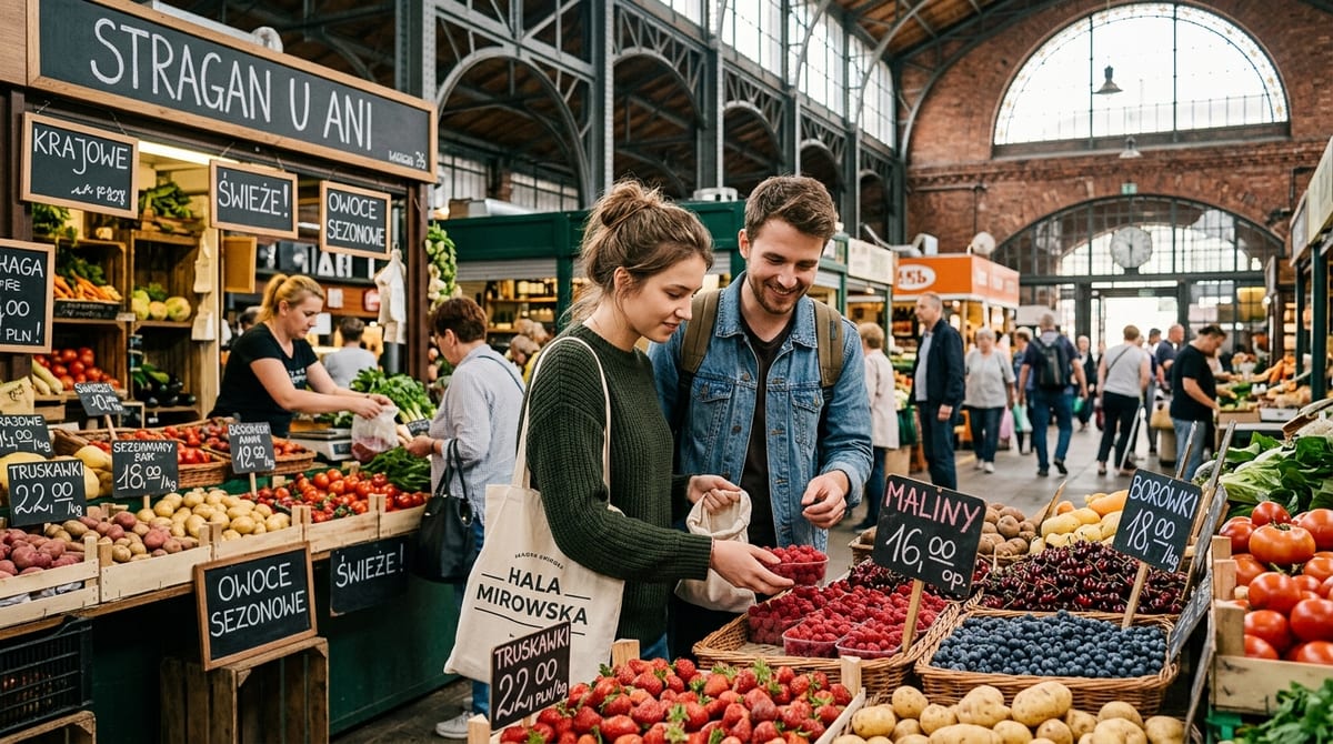 University students budgeting and shopping at historic Hala Mirowska market hall in Warsaw