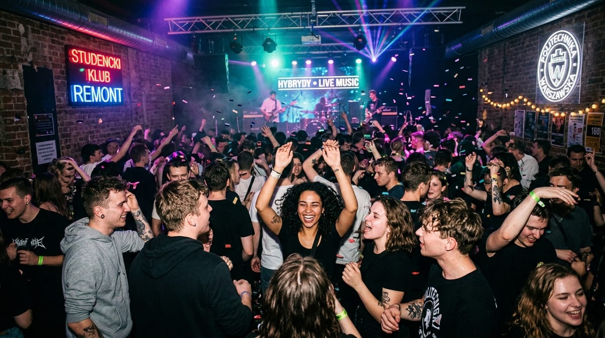 Crowded illuminated night courtyard with outdoor tables, neon bar signs and energetic students socializing in Warsaw