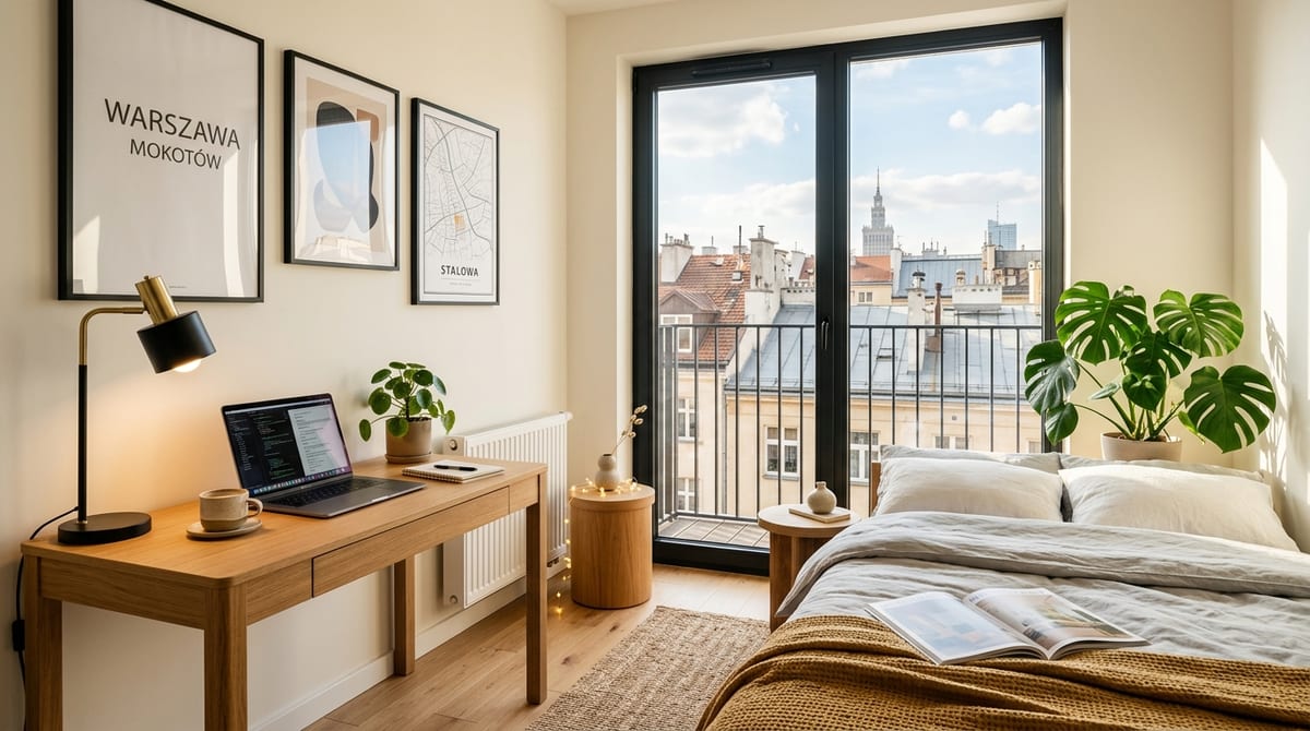 Sunlit modern Warsaw student room with wooden desk, balcony view of Mokotów rooftops, and cozy decor