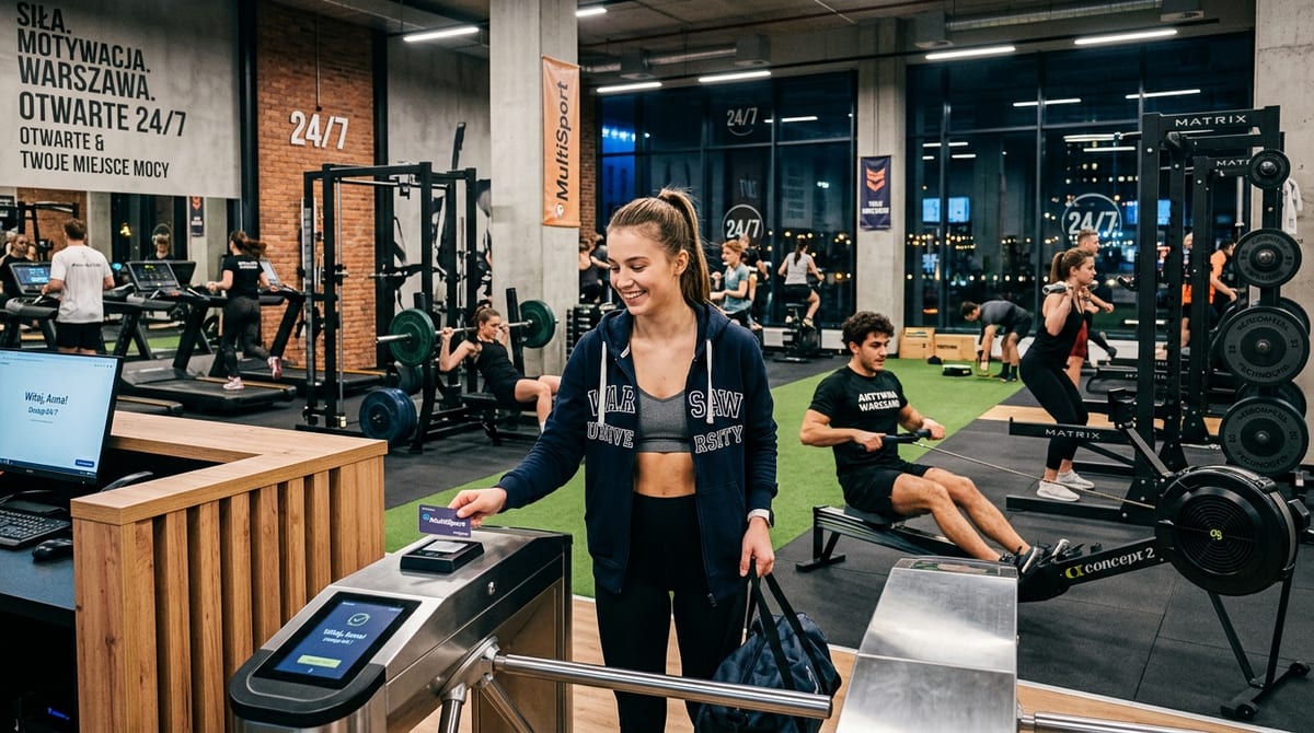 Spacious modern fitness gym with barbells, treadmills and young students working out in bright Warsaw facility