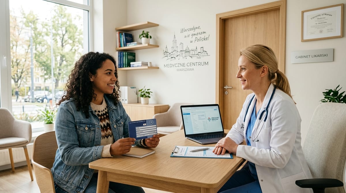 Student consulting with a doctor holding European Health Insurance Card at a modern Warsaw clinic