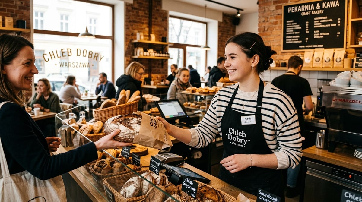 Smiling university student barista steaming milk behind coffee bar counter in modern bright Warsaw cafe