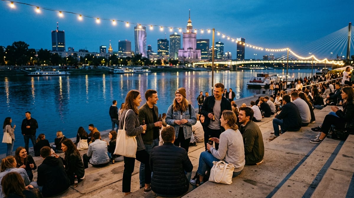 University students gathering along the Vistula River boulevards at sunset with Warsaw illuminated skyline