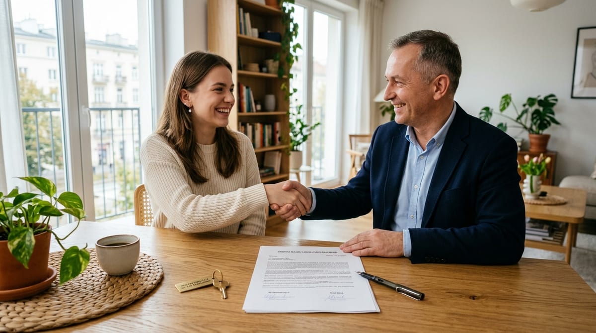 Warsaw student room lease agreement signing with landlord shaking hands and apartment keys on table