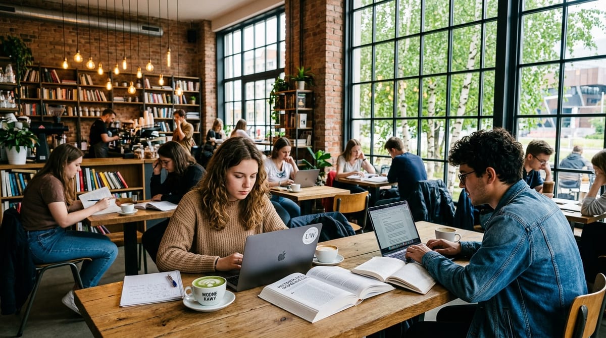 Students studying with laptops and coffee in a spacious sunlit library cafe in Powiśle Warsaw