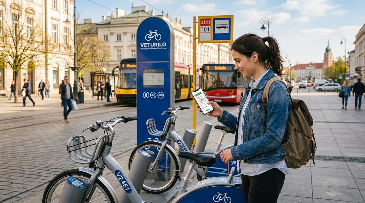 Row of modern silver and red Veturilo city rental bikes parked at street docking station in Warsaw