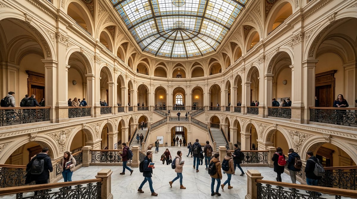 Majestic stained-glass atrium and balconies of Warsaw University of Technology Main Hall with students