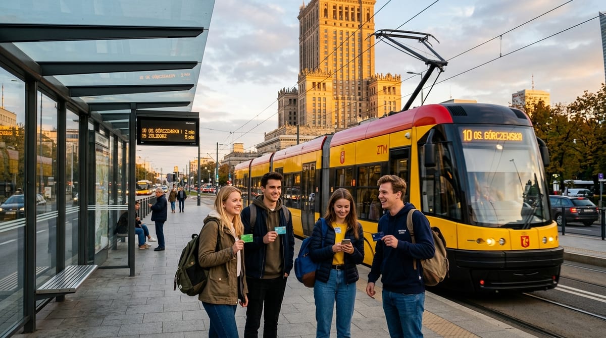 Warsaw ZTM yellow and red tram at golden hour with university students holding transport cards near Palace of Culture